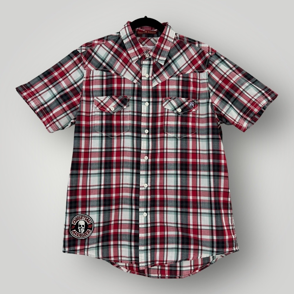 Ed Hardy‎ Christian Audigier Men's Medium Shirt Plaid Skull Patch Button Up